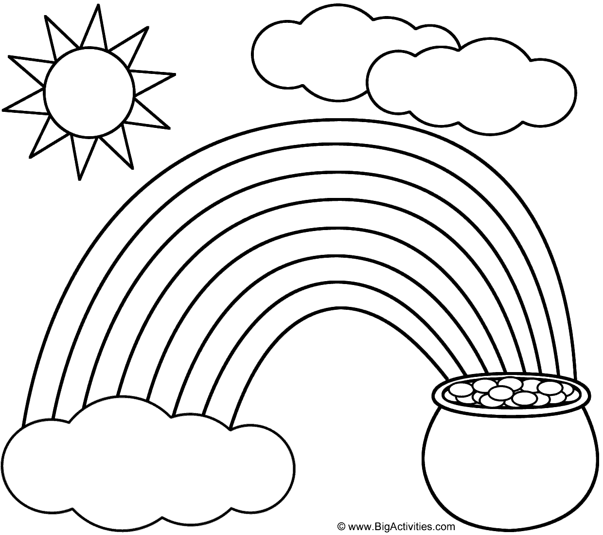 Rainbow Pot Of Gold Sun And Clouds Coloring Page St Patrick s Day  Rainbow Pot Of Gold Sun And Clouds Coloring Page St Patrick s Day