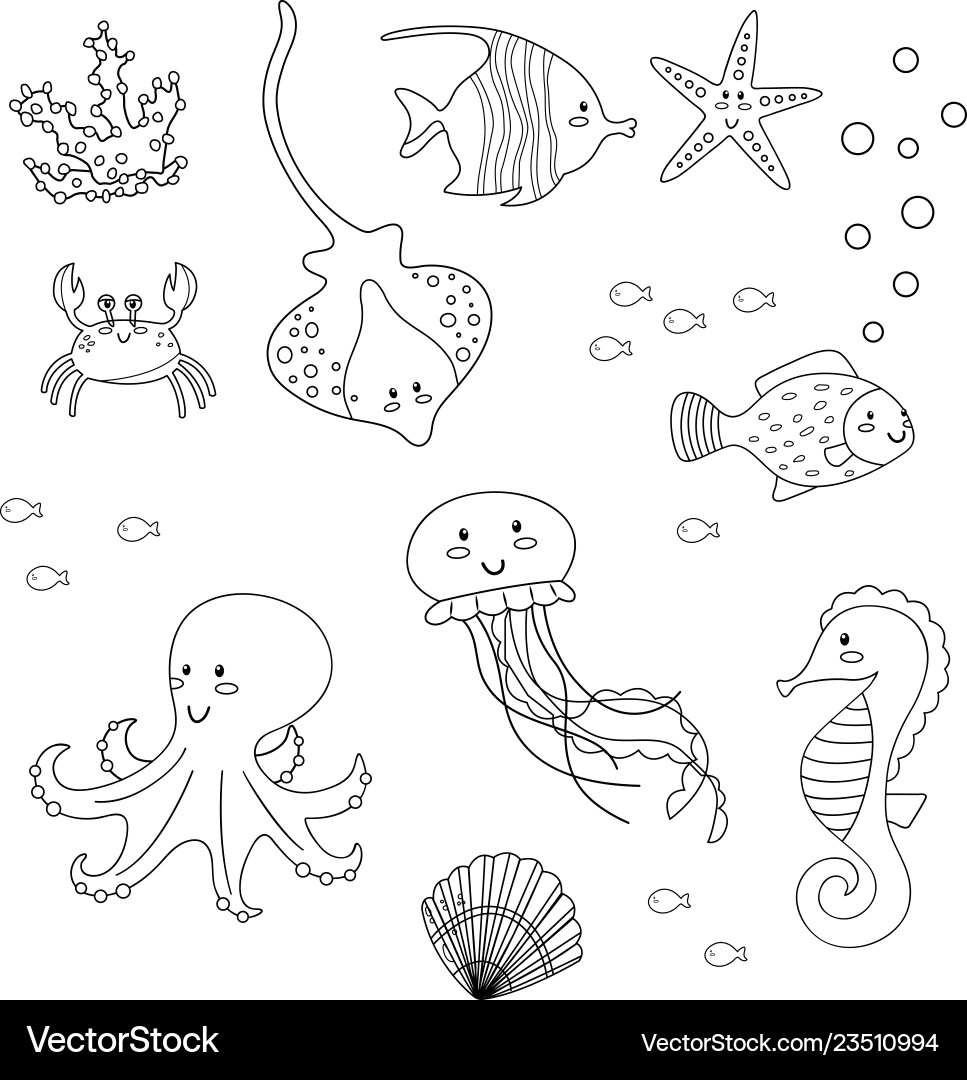 Sea Animal Coloring Page Set Royalty Free Vector Image