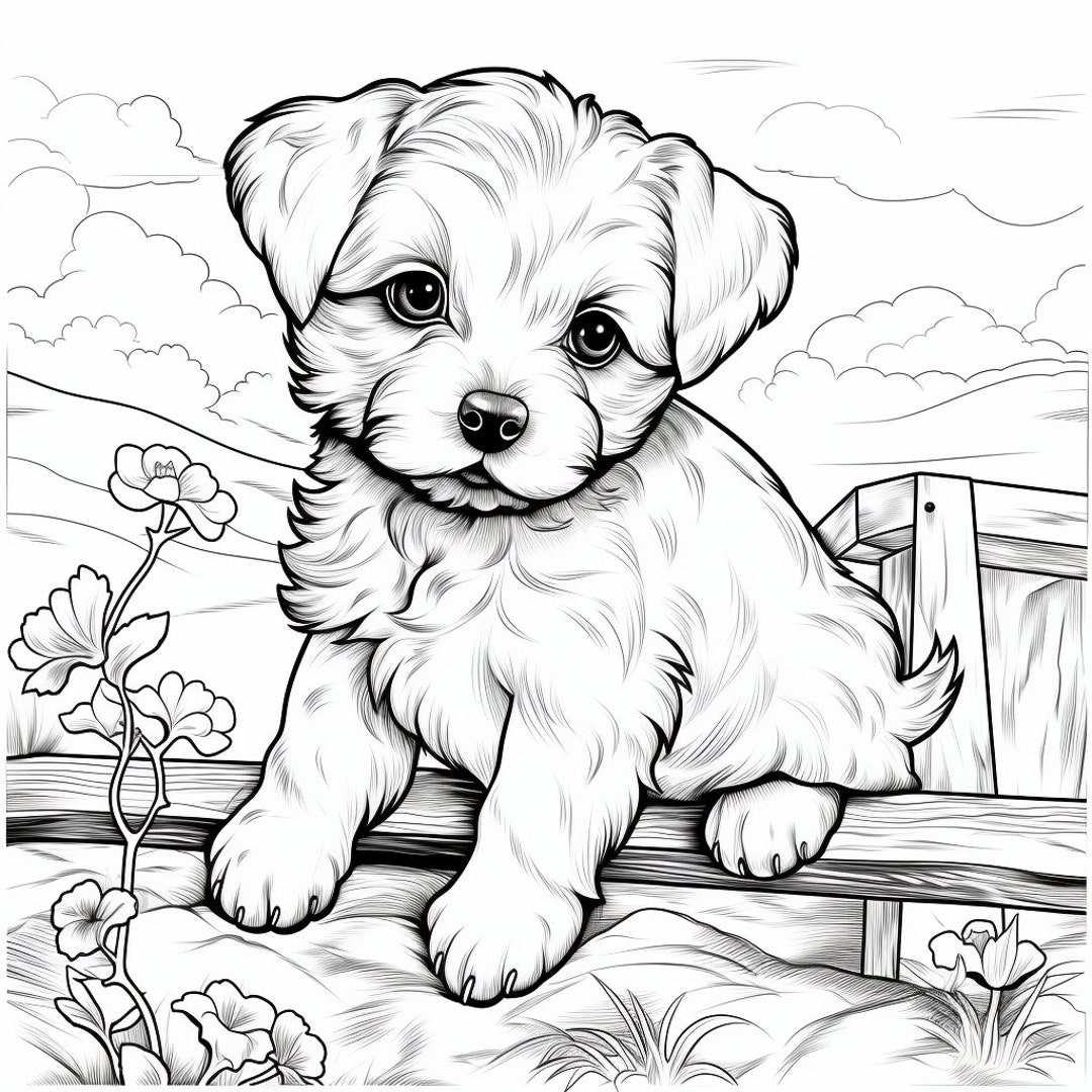 Set Of 12 Cute Puppy Coloring Pages Etsy