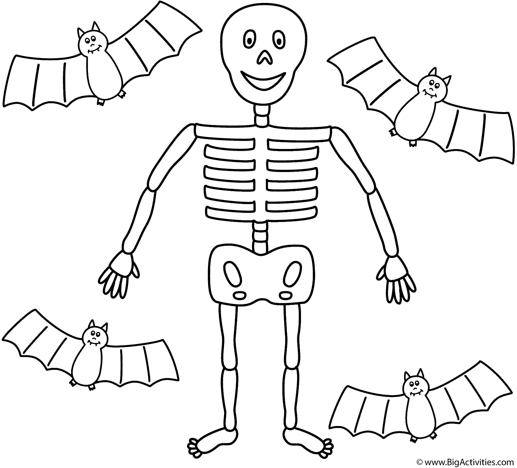 Skeleton With Four Bats Coloring Page Halloween  Skeleton With Four Bats Coloring Page Halloween