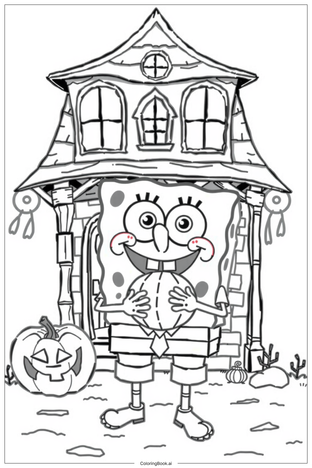 Spongebob Halloween Haunted House Coloring Page Free PDF PNG Printable