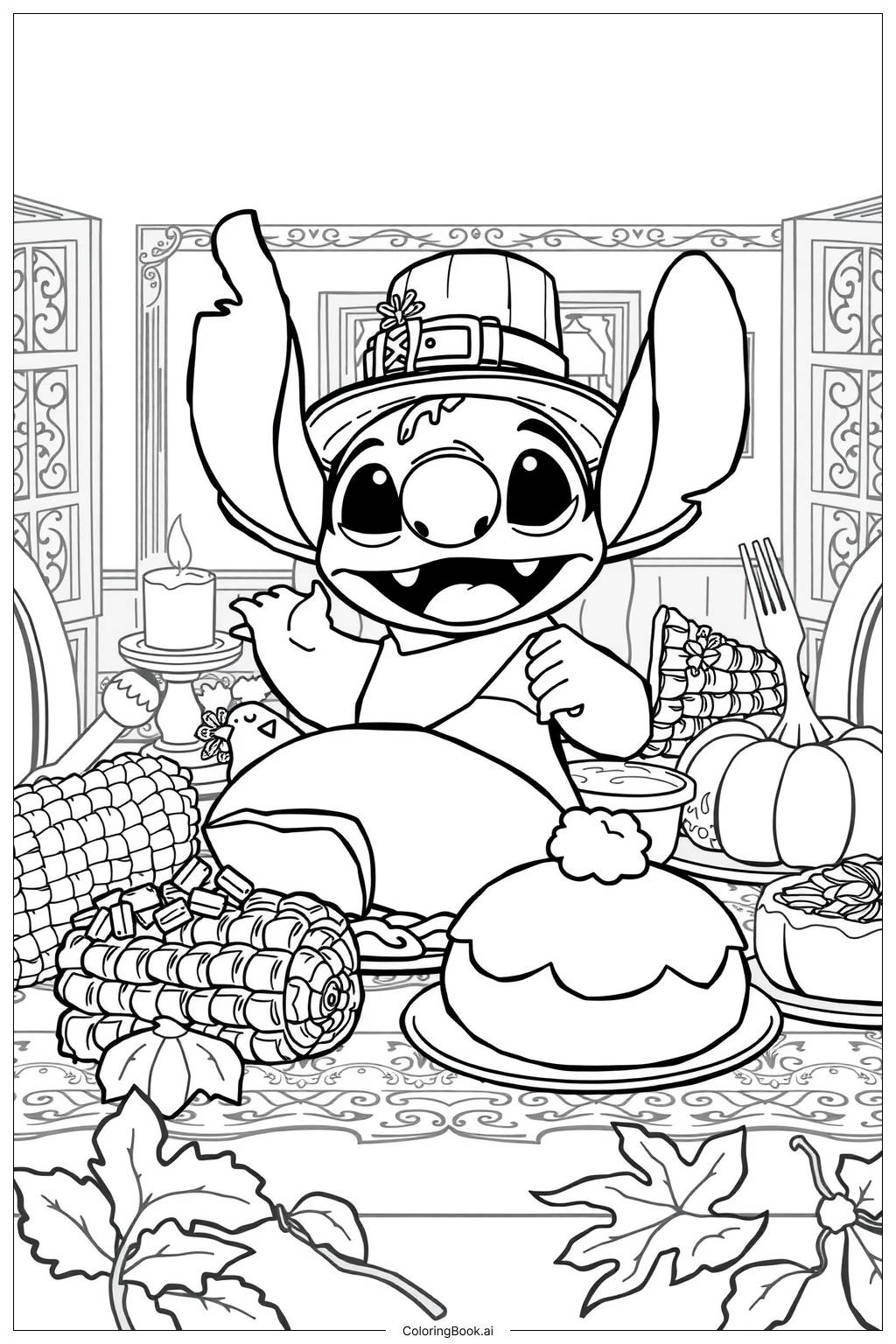 Stitch Thanksgiving Feast Coloring Page Free PDF PNG Printable