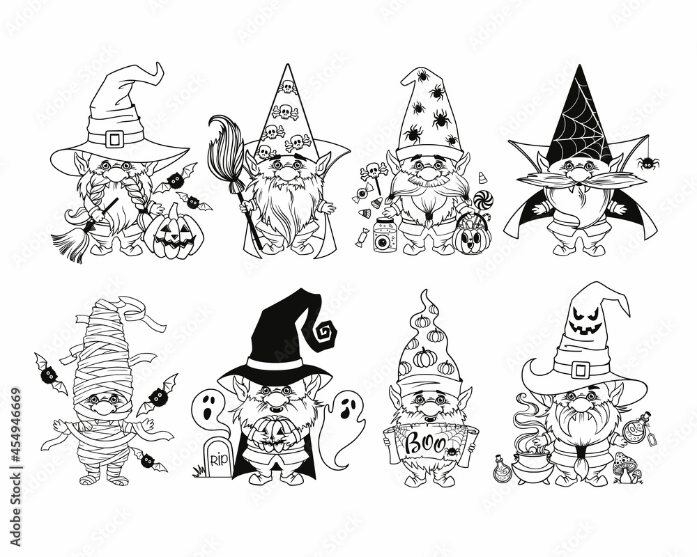 Stock Vektorgrafik Set Gnome For Halloween Linear Pumpkin Potions Spider Web And Spider Trick Or Treat Design For Thanksgiving Day Cartoon Spooky Dwarf Vector Line Art For Printable Greeting Cards And Coloring Pages