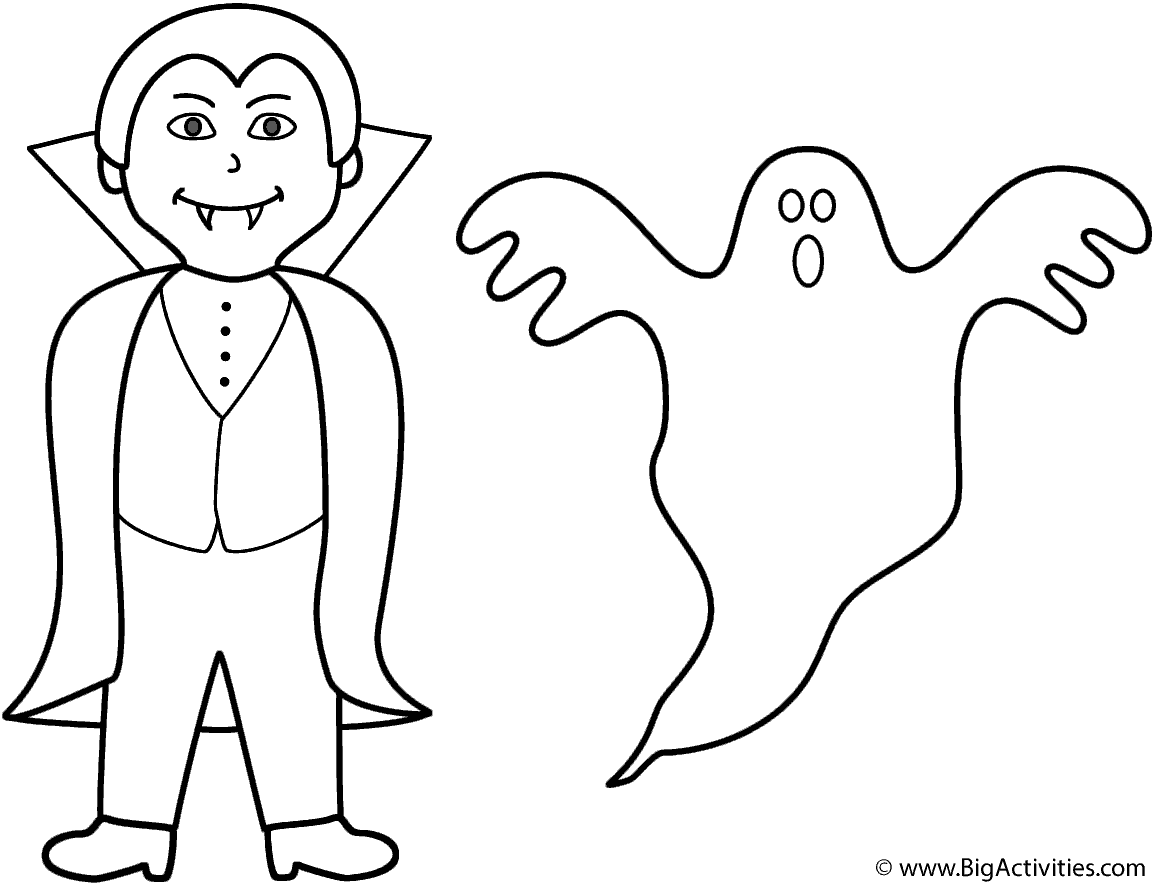 Vampire With Ghost Coloring Page Halloween 