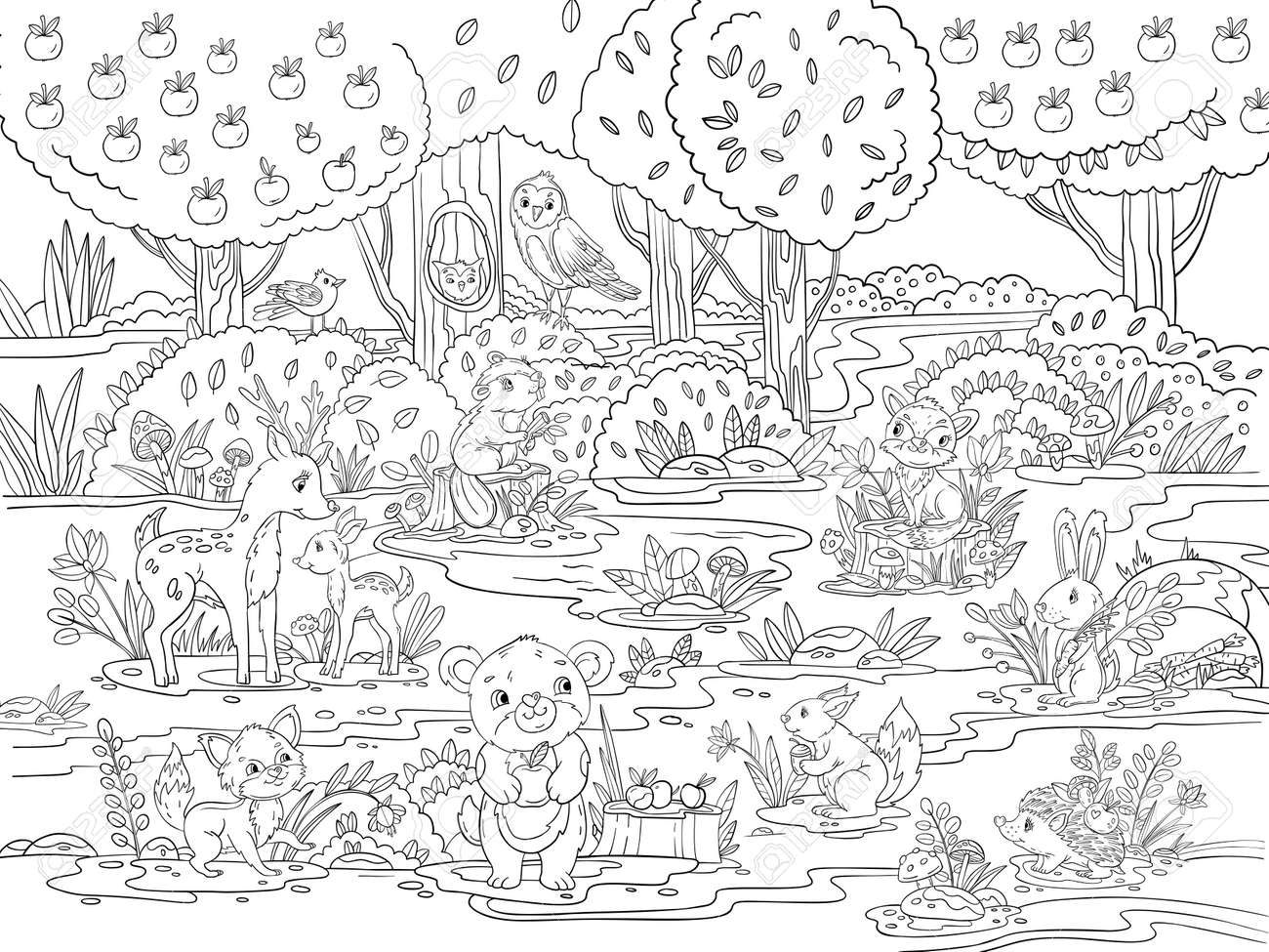 Vector Coloring Page With Cute Forest Animals Plants Trees Mushrooms And Flowers Doodle Coloring Book With Baby Bear Fox Beaver Squirrel Hare Owl Hedgehog Isolated On White Royalty Free SVG Cliparts Vectors  Vector Coloring Page With Cute Forest Animals Plants Trees Mushrooms And Flowers Doodle Coloring Book With Baby Bear Fox Beaver Squirrel Hare Owl Hedgehog Isolated On White Royalty Free SVG Cliparts Vectors