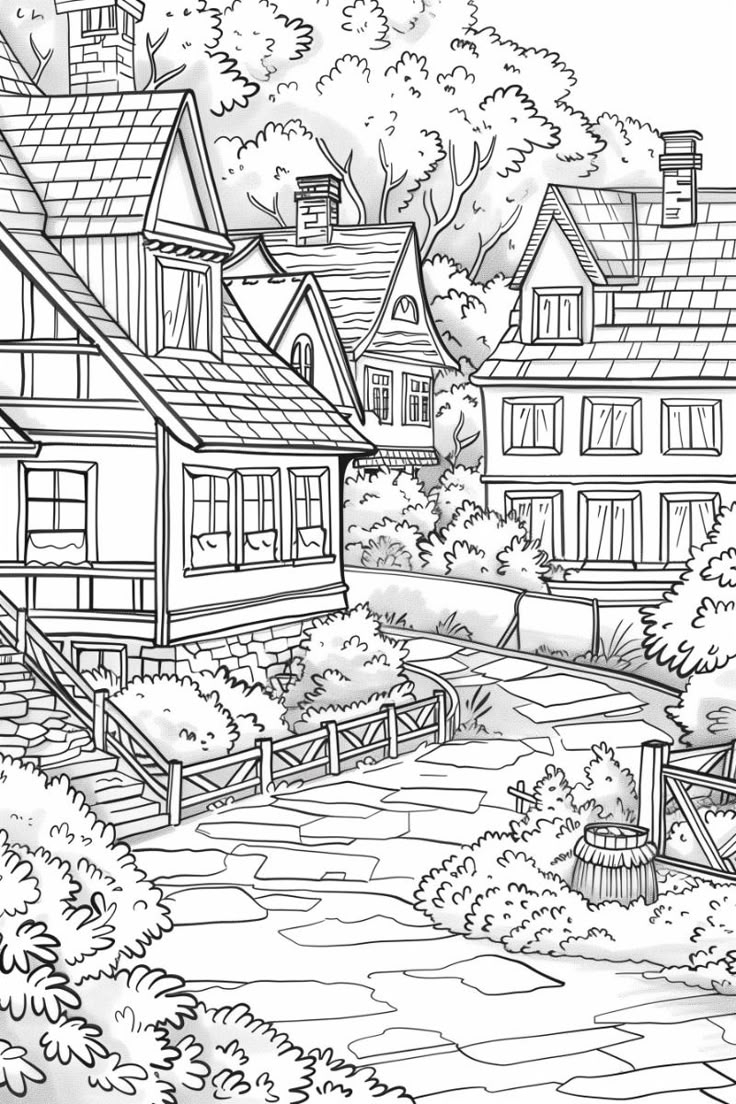 Village Houses Coloring Pages Free Printables  Village Houses Coloring Pages Free Printables