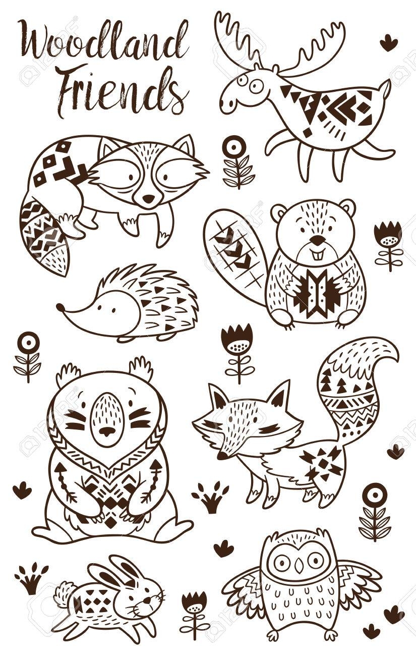 Woodland Animal Coloring Pages For Kids Hand Drawn Vector On A White Background Coloring Book Ornamental Tribal Patterned Illustration For Tattoo Poster Print Tribal Animal Coollection Of Deer Raccoon Beaver And Hedgehog  Woodland Animal Coloring Pages For Kids Hand Drawn Vector On A White Background Coloring Book Ornamental Tribal Patterned Illustration For Tattoo Poster Print Tribal Animal Coollection Of Deer Raccoon Beaver And Hedgehog