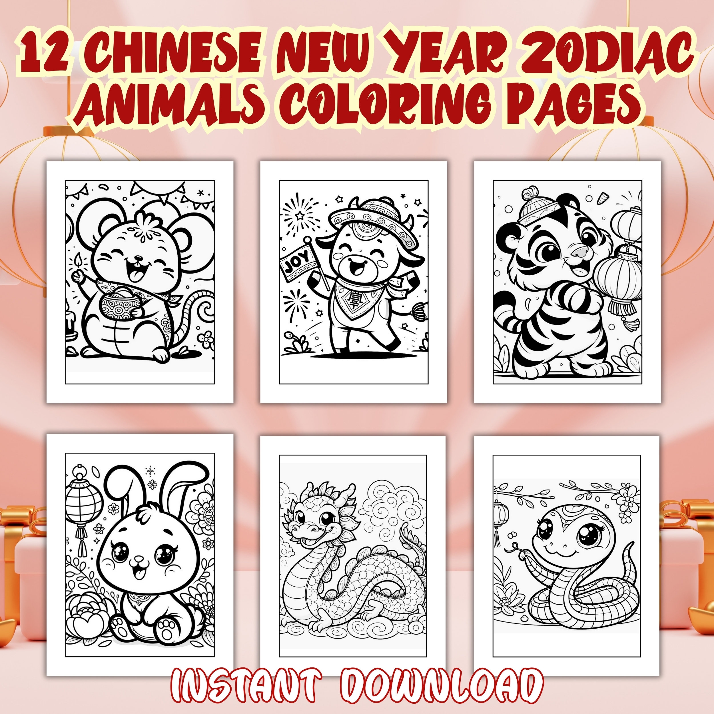12 Zodiac Animals Chinese New Year Coloring Pages 2024 Year Of The Dragon Coloring Sheets Lunar New Year Coloring Set Party Activities Etsy
