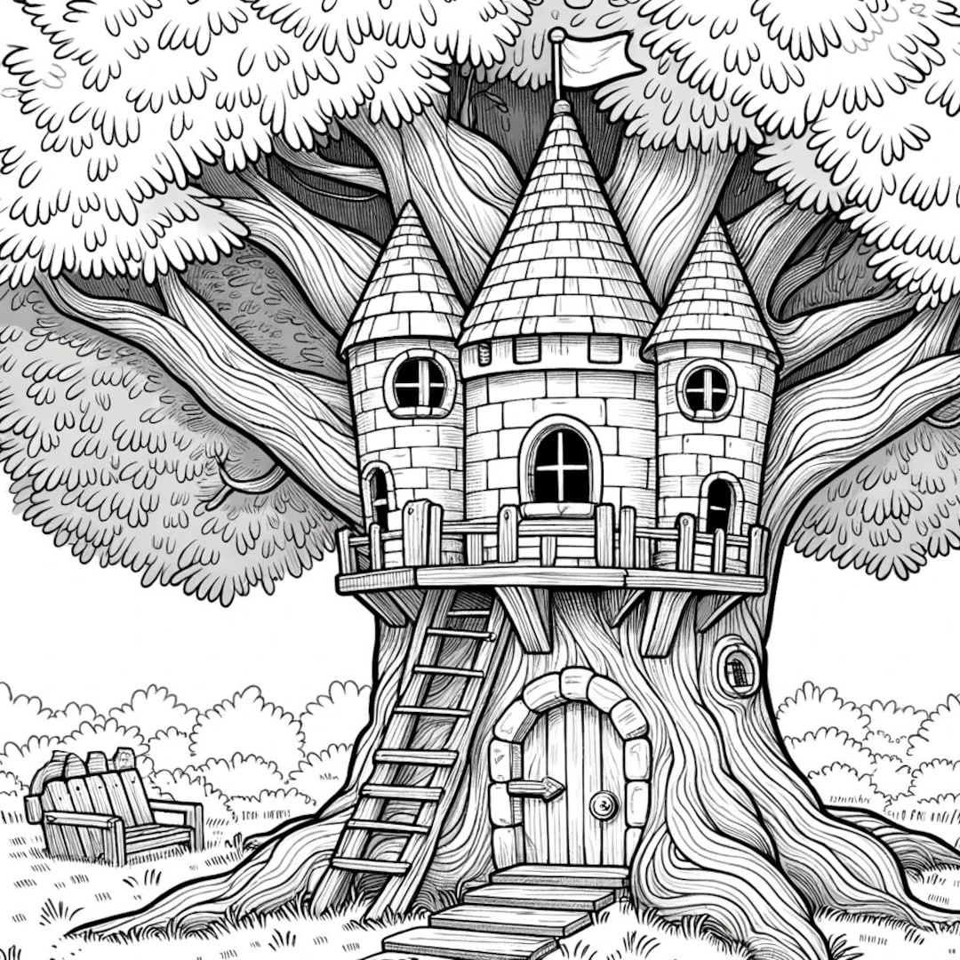 15 Tree House Coloring Pages Tree House Coloring House Coloring Cute Tree Houses Tree House Pack Tree Coloring Tree House Etsy