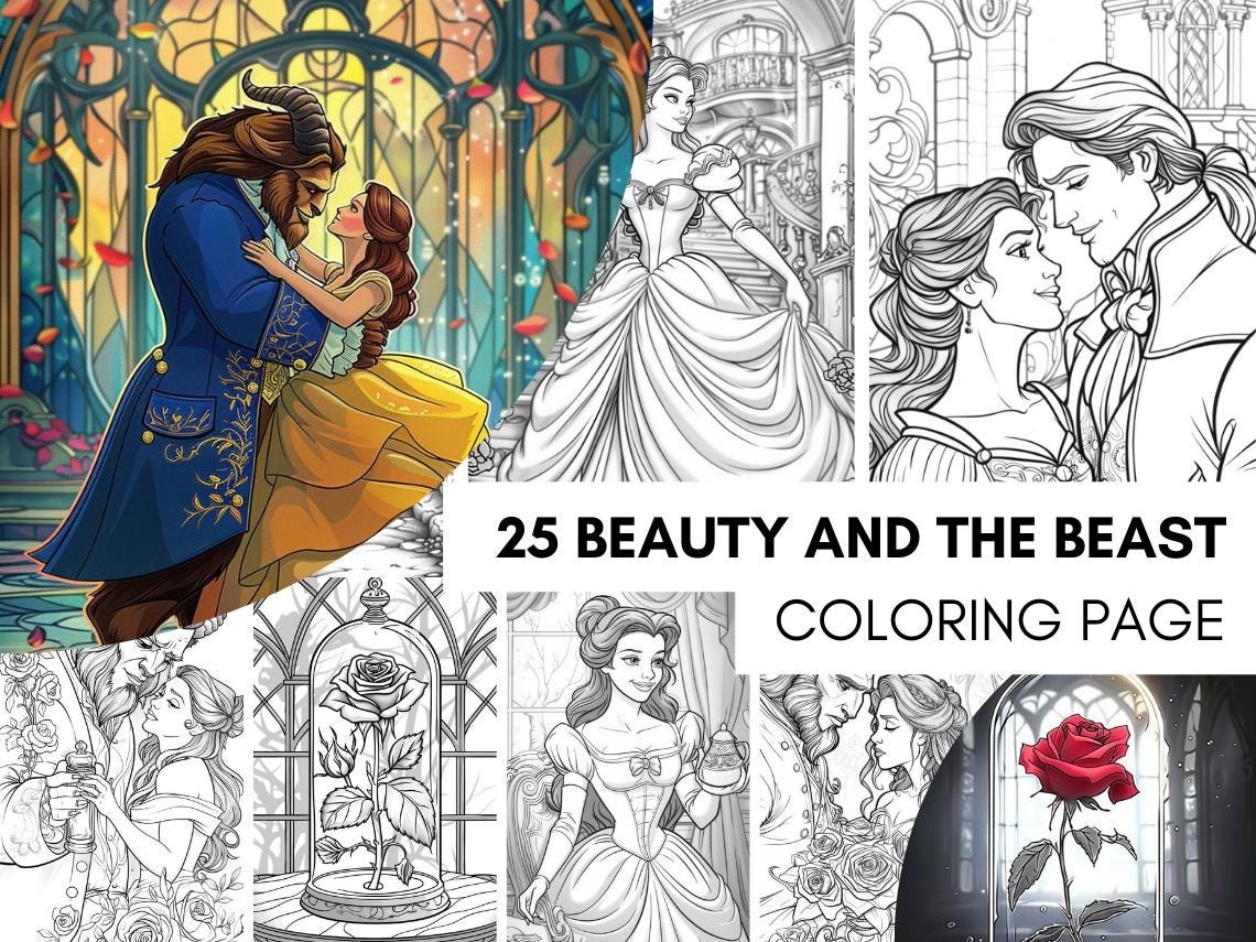 25 Beauty And The Beast Coloring Book Printable Fairytale Princess Coloring Pages Grayscale Coloring Book For Adults And Kids Fantasy Art Etsy