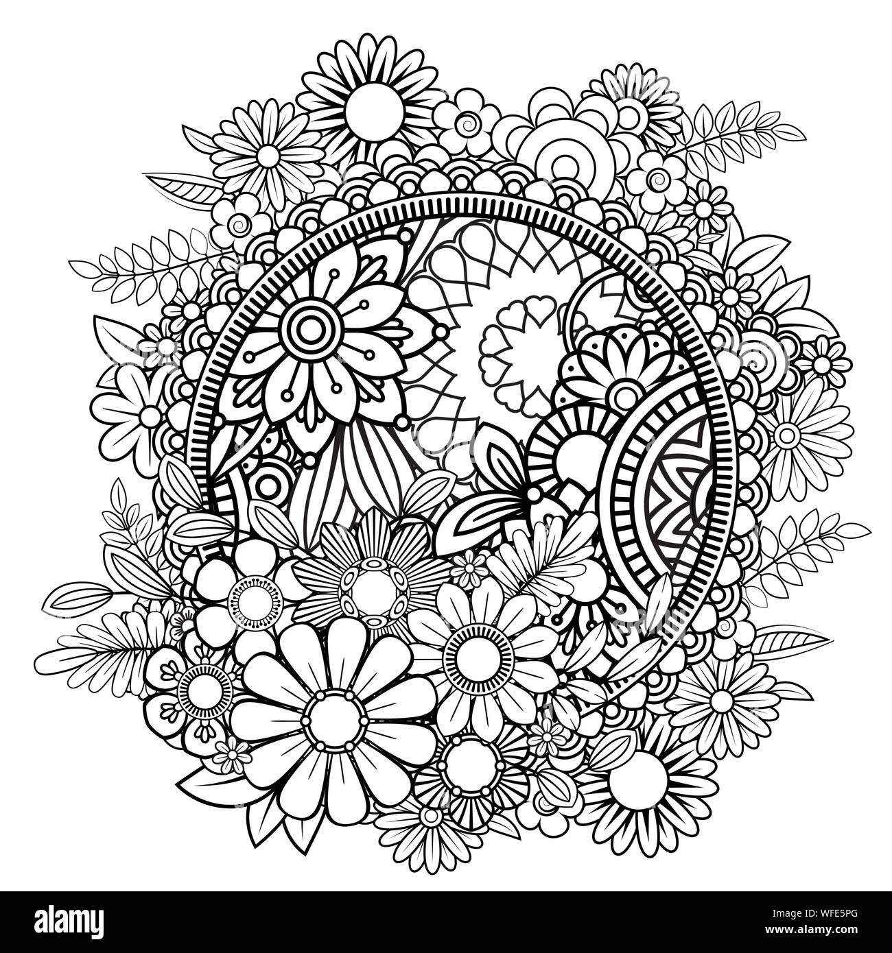 Adult Coloring Page With Flowers Pattern Black And White Doodle Wreath Floral Mandala Bouquet Line Art Vector Illustration Isolated On White Background Round Design Element Stock Vector Image Art Alamy