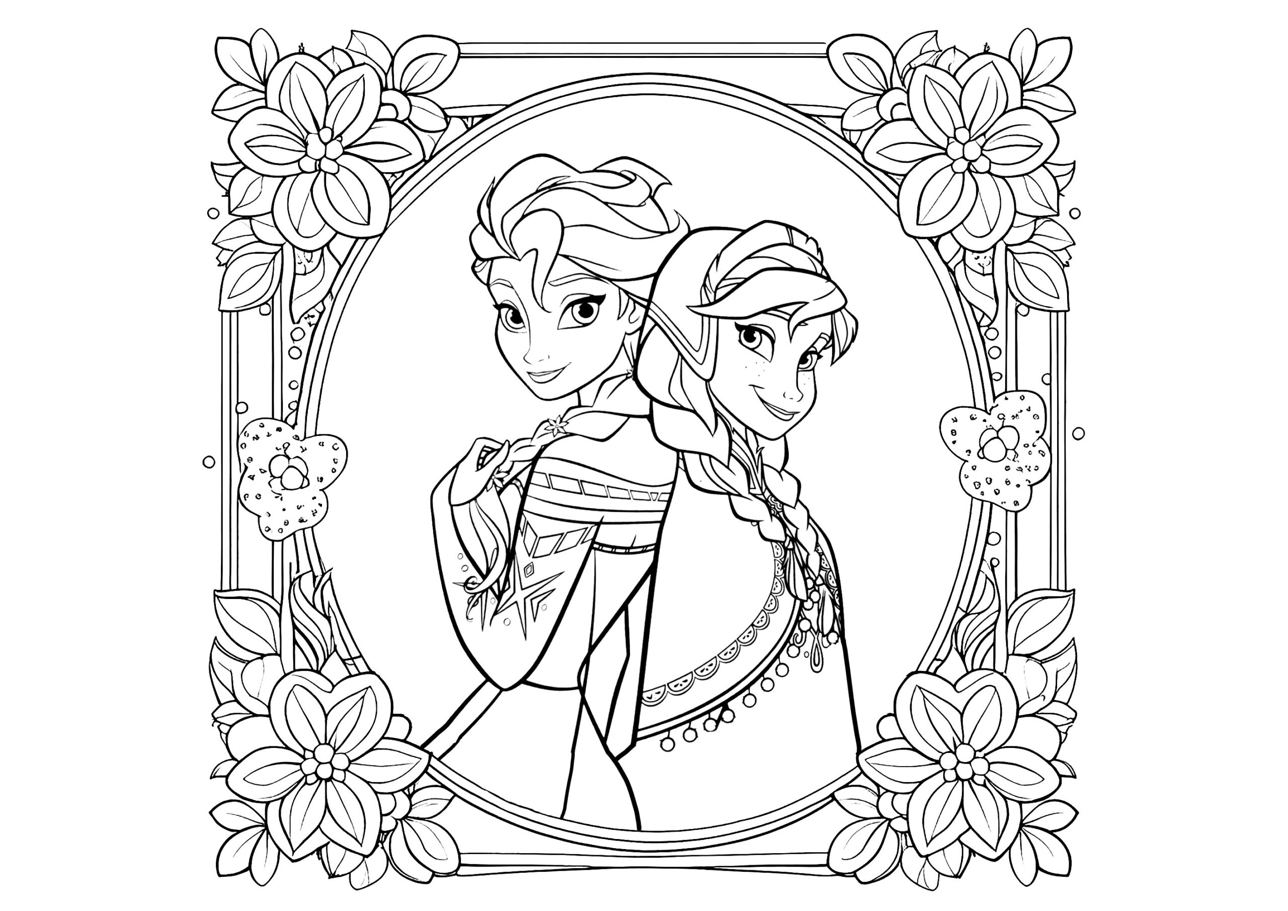 Anna And Elsa In A Flowery Setting Frozen Coloring Pages