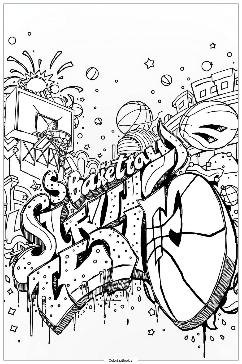 Basketball Graffiti Art Coloring Page Free PDF PNG Printable 