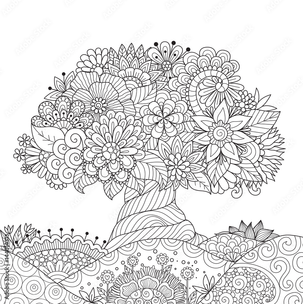 Beautiful Abstract Tree For Design Element And Adult Coloring Book Pages Vector Illustration Stock Vector Adobe Stock