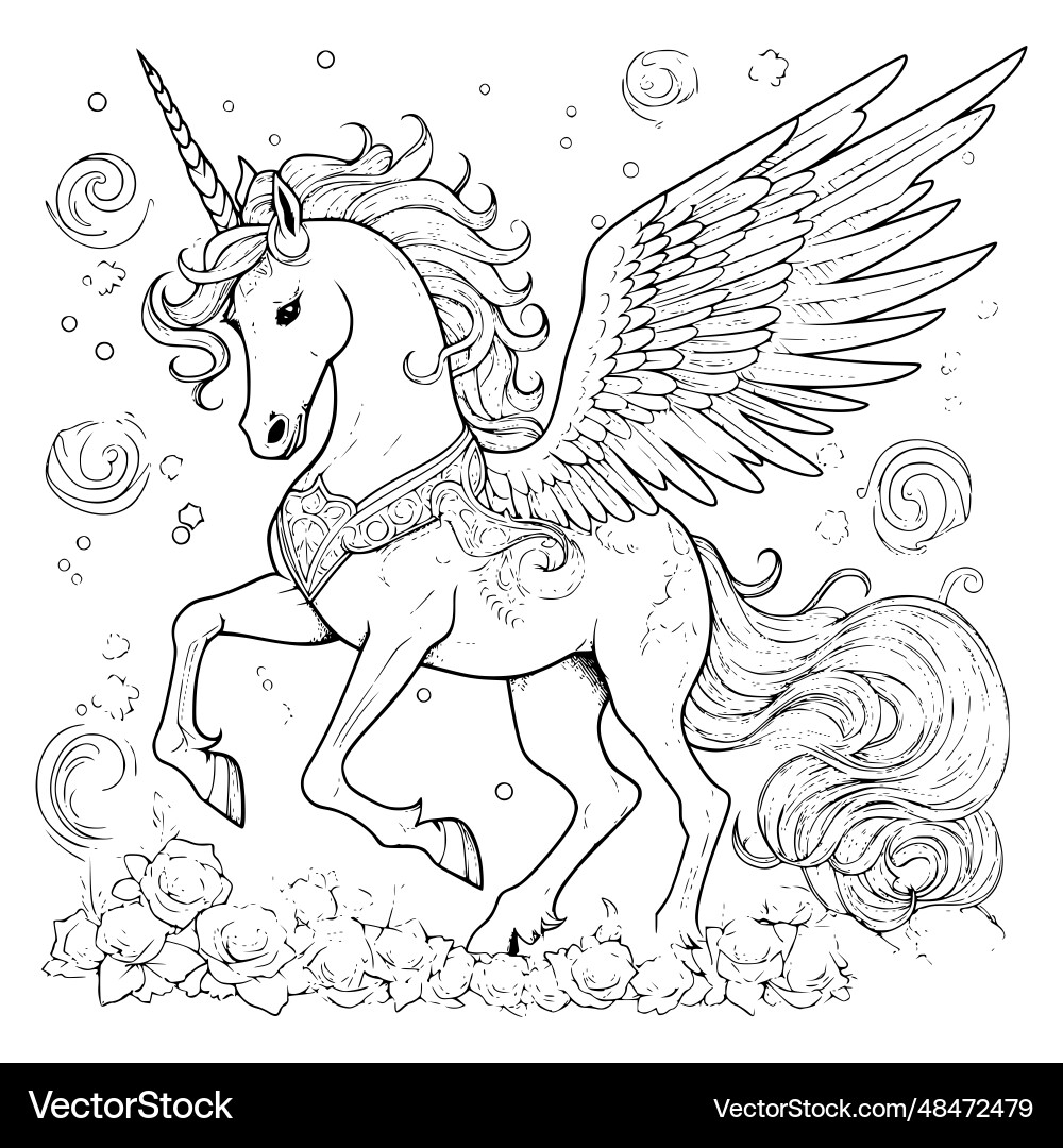 Beautiful Unicorn Pegasus Coloring Pages For Kids Royalty Free Vector VectorStock Beautiful Unicorn Pegasus Coloring Pages For Kids Royalty Free Vector VectorStock