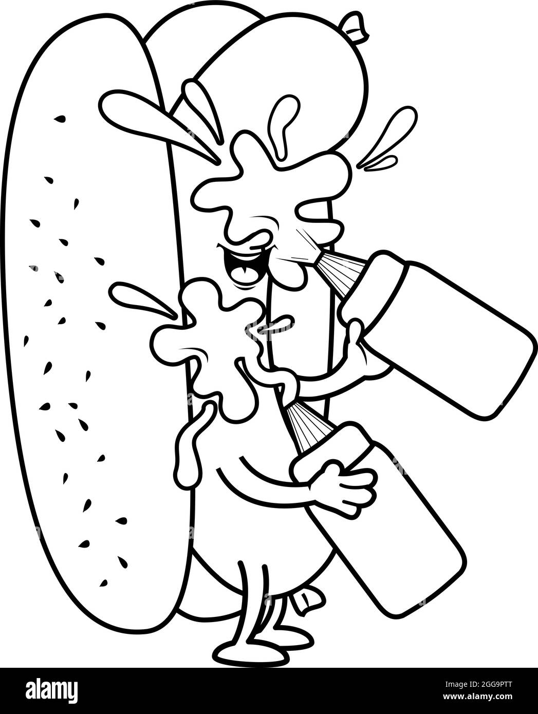 Cartoon Hot Dog Splashing Itself With Mustard And Ketchup Vector Black And White Coloring Page Stock Vector Image Art Alamy