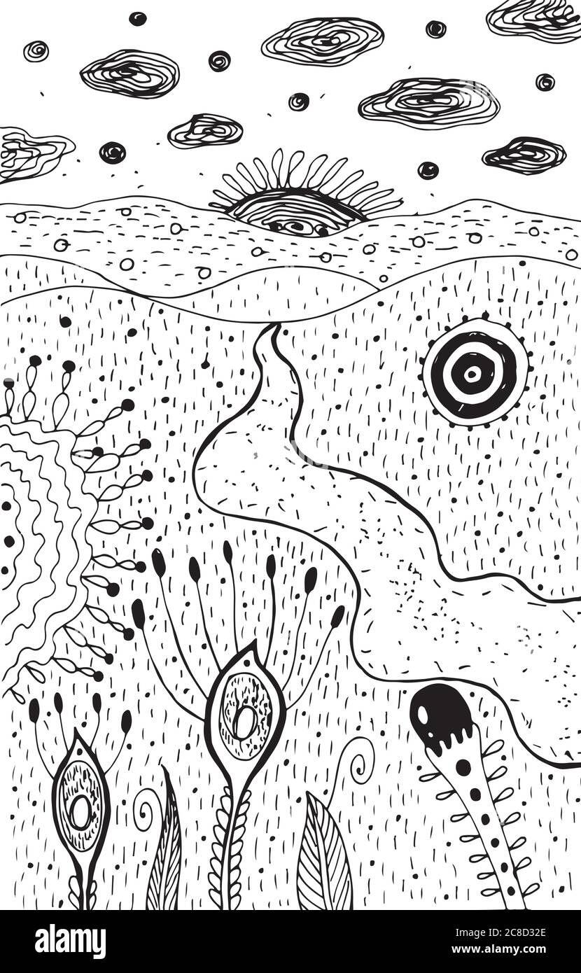 Cartoon Psychedelic Landscape Coloring Page For Adults Fantastic Graphic Sketch Artwork Vector Illustration Stock Vector Image Art Alamy
