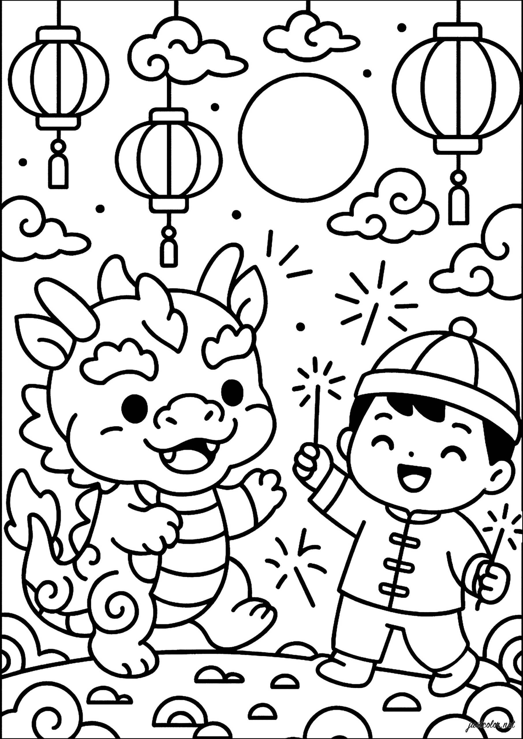 Celebrations With A Dragon And A Child In Traditional Costume Chinese New Year Coloring Pages For Kids