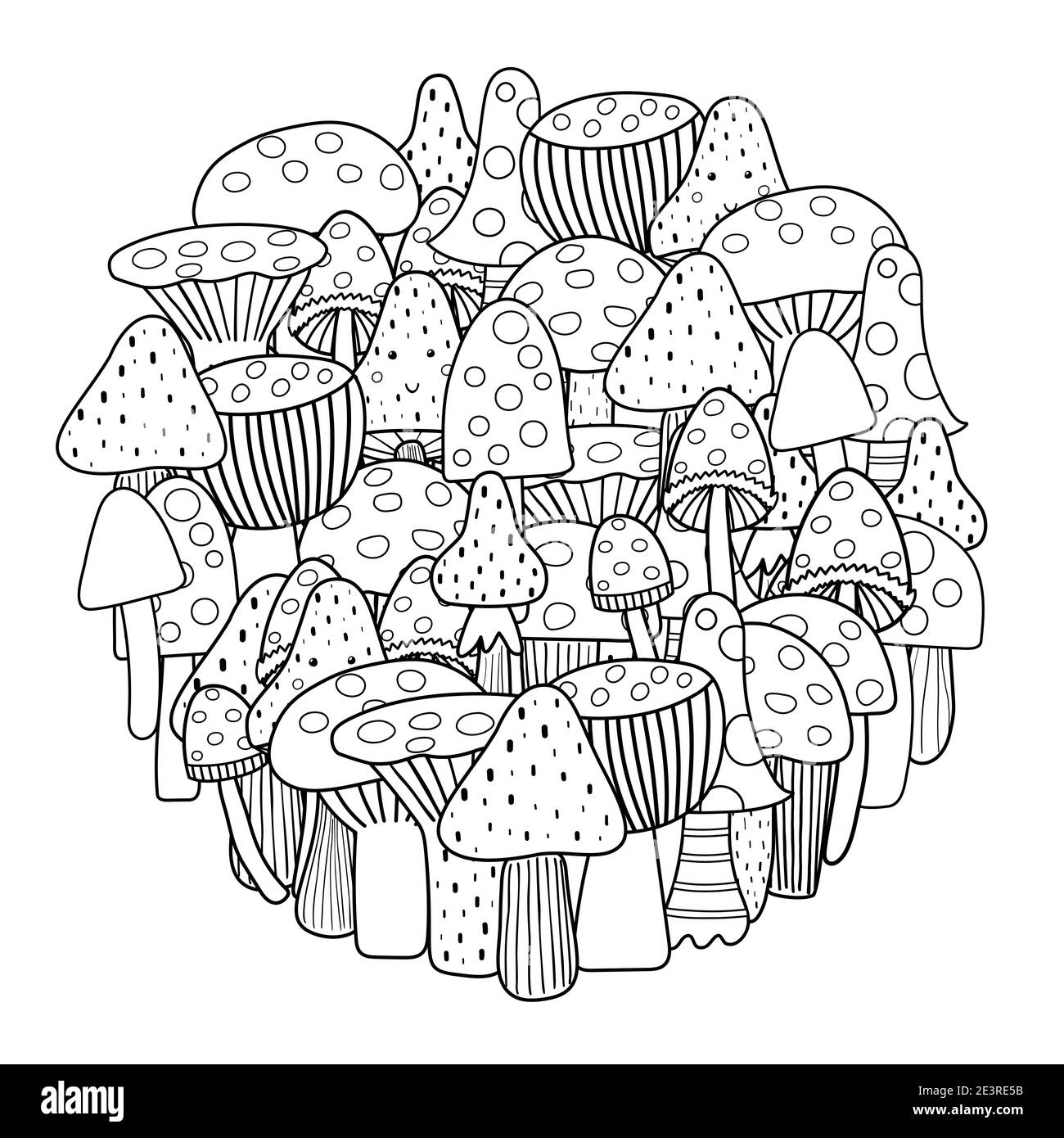 Circle Shape Coloring Page With Mushrooms Black And White Cute Print Stock Vector Image Art Alamy