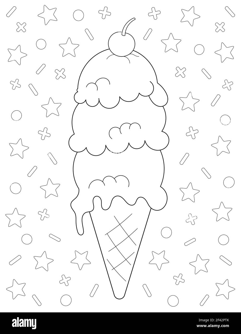 Coloring Page With A Big Ice Cream Cone With 3 Scoops And A Cherry On Top
