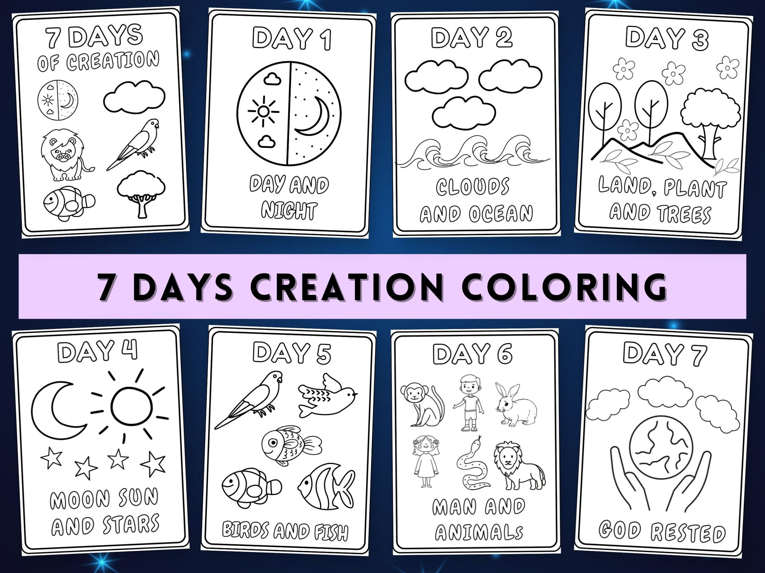 Creation Days Coloring 7 Days Of Creation Coloring Pages Days Of Creation Coloring Sheets Printable Kids Bible Activities Sunday School Etsy