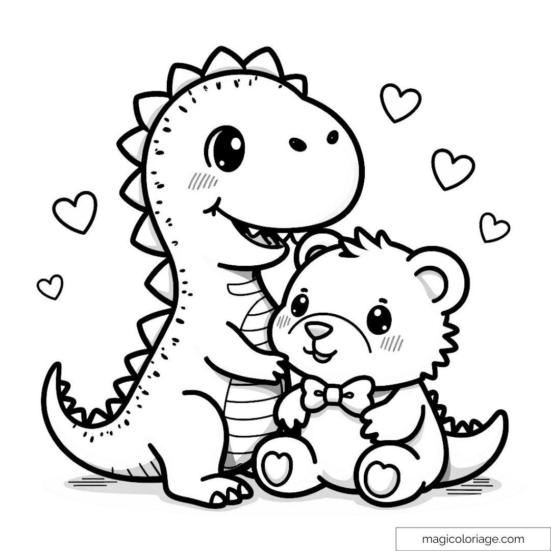 Cute Coloring Page Dinosaur And Bear