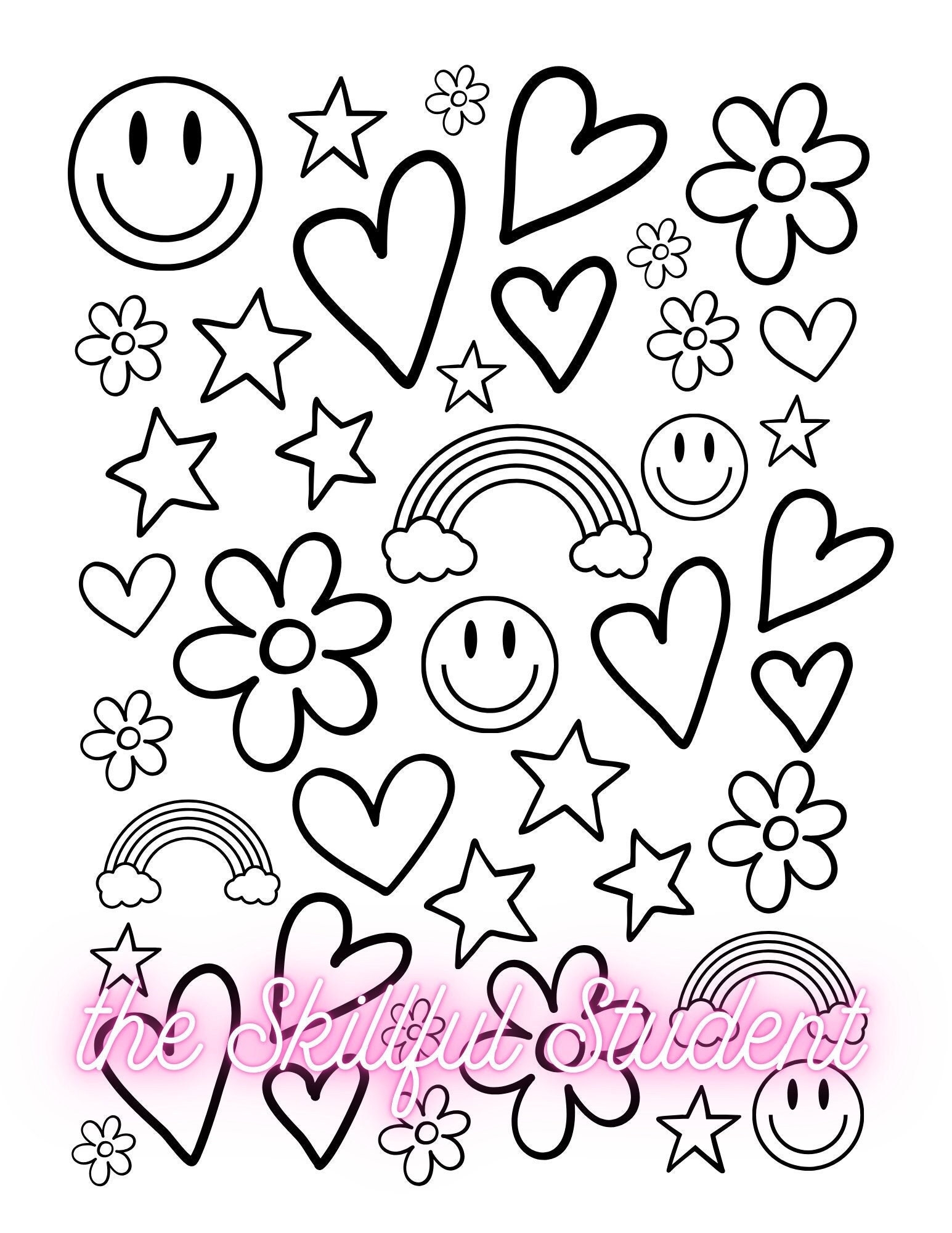 Cute Coloring Page Smiley Face Coloring Page Hearts Coloring Page Printable Coloring Page Simple Coloring Page Adult Coloring Page Etsy