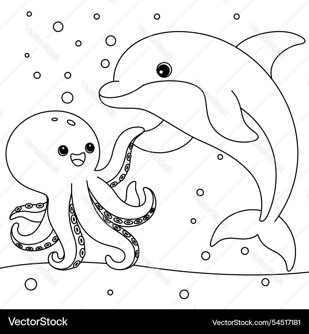 Cute Dolphin With Octopus Coloring Page For Kids Royalty Free Vector VectorStock