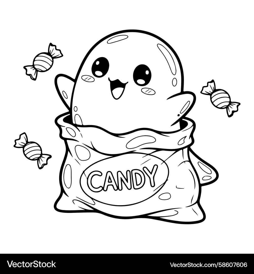 Cute Ghost In Candy Bag With Sweets Coloring Page Royalty Free Vector VectorStock