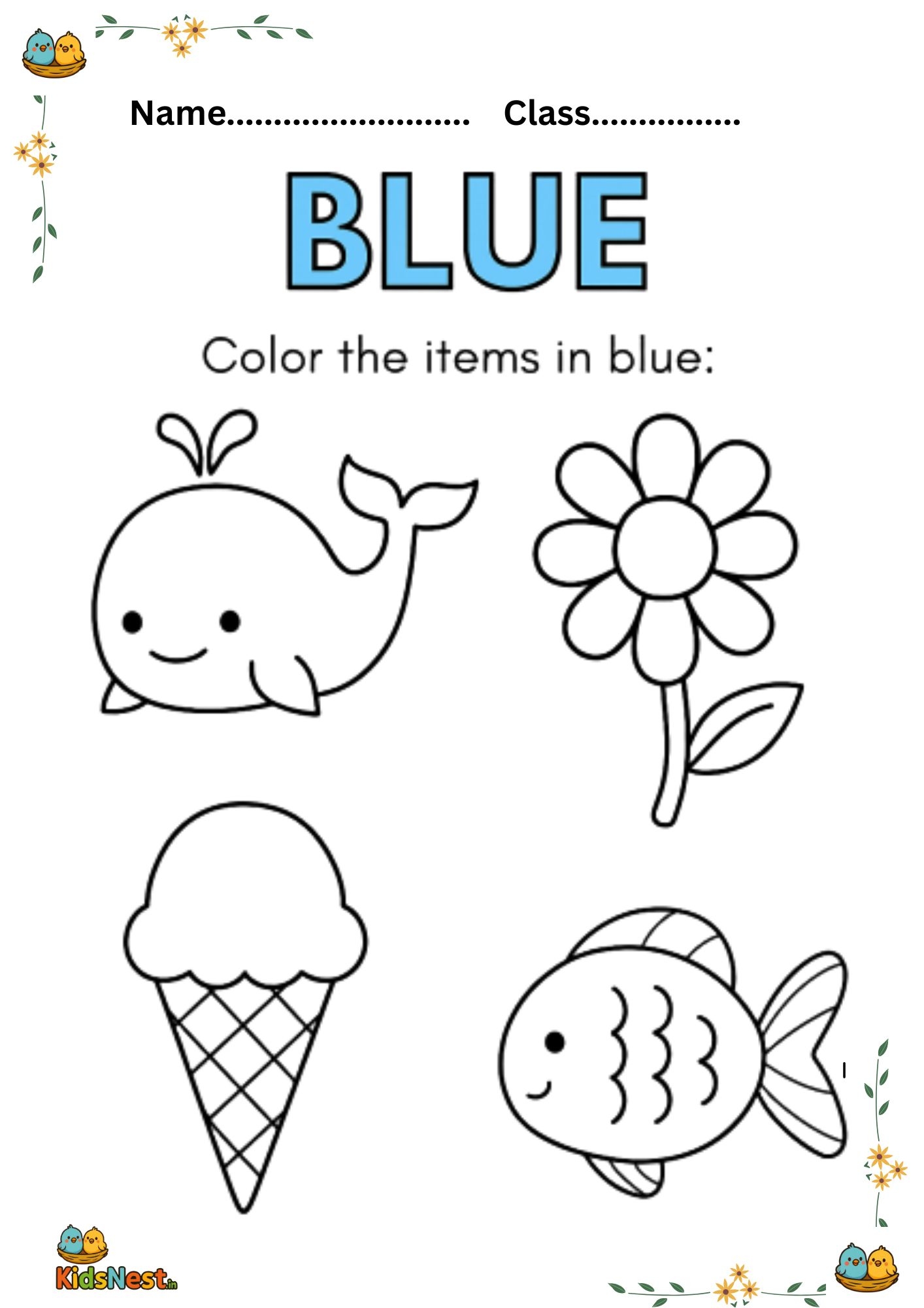 Fill Blue Activity Kids Coloring Printable Worksheet