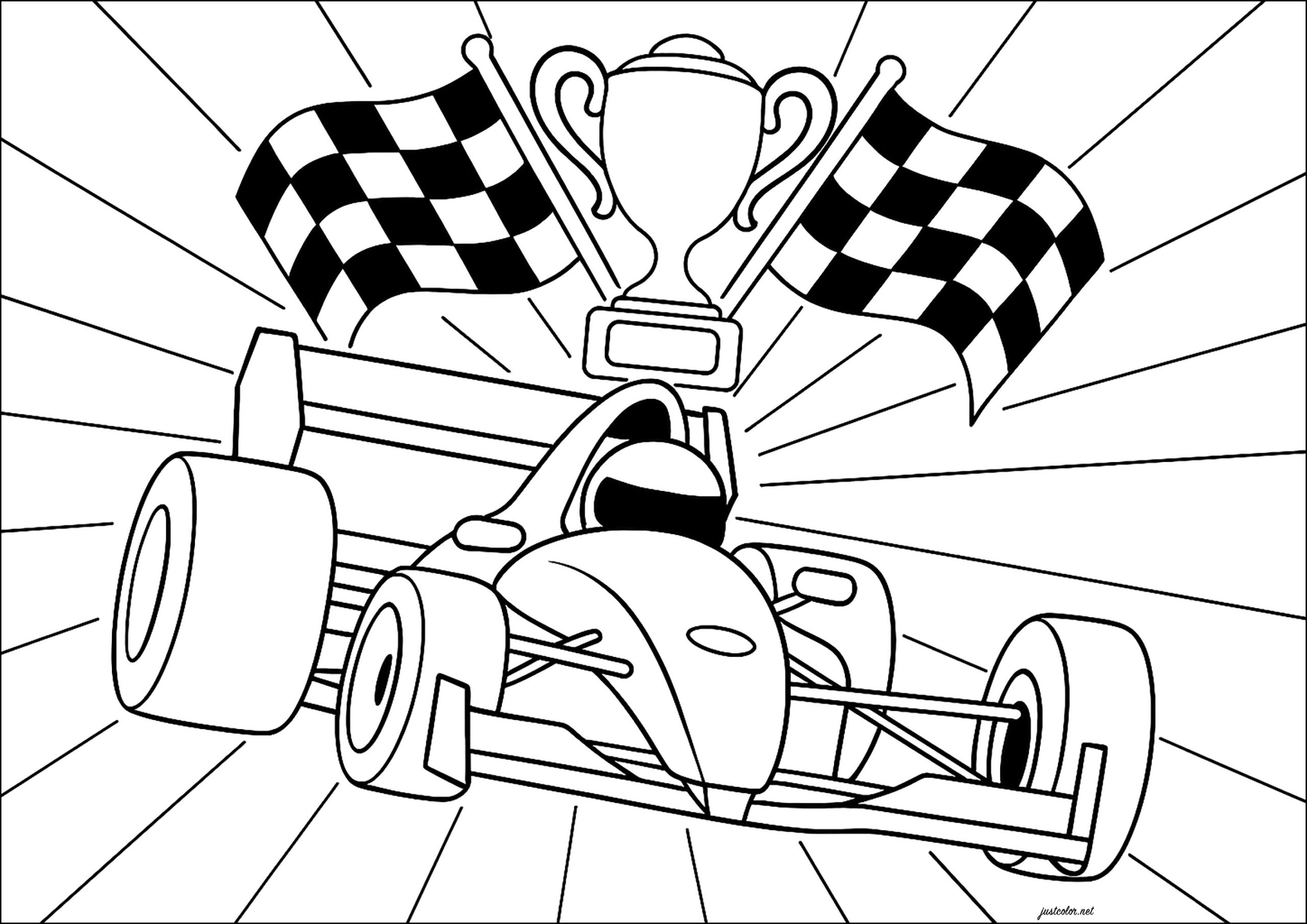 Formula 1 With Cup And Two Flags Formula 1 Coloring Pages
