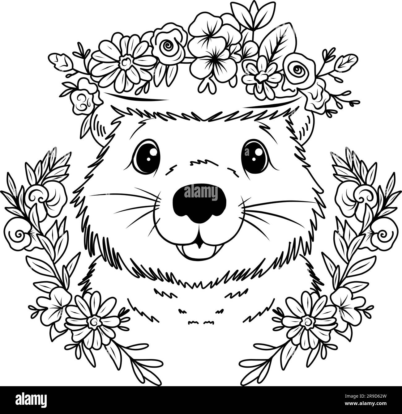 Groundhog Day Coloring Page Coloring Page Muzzle Of A Cute Marmot With Flowers Stock Vector Image Art Alamy
