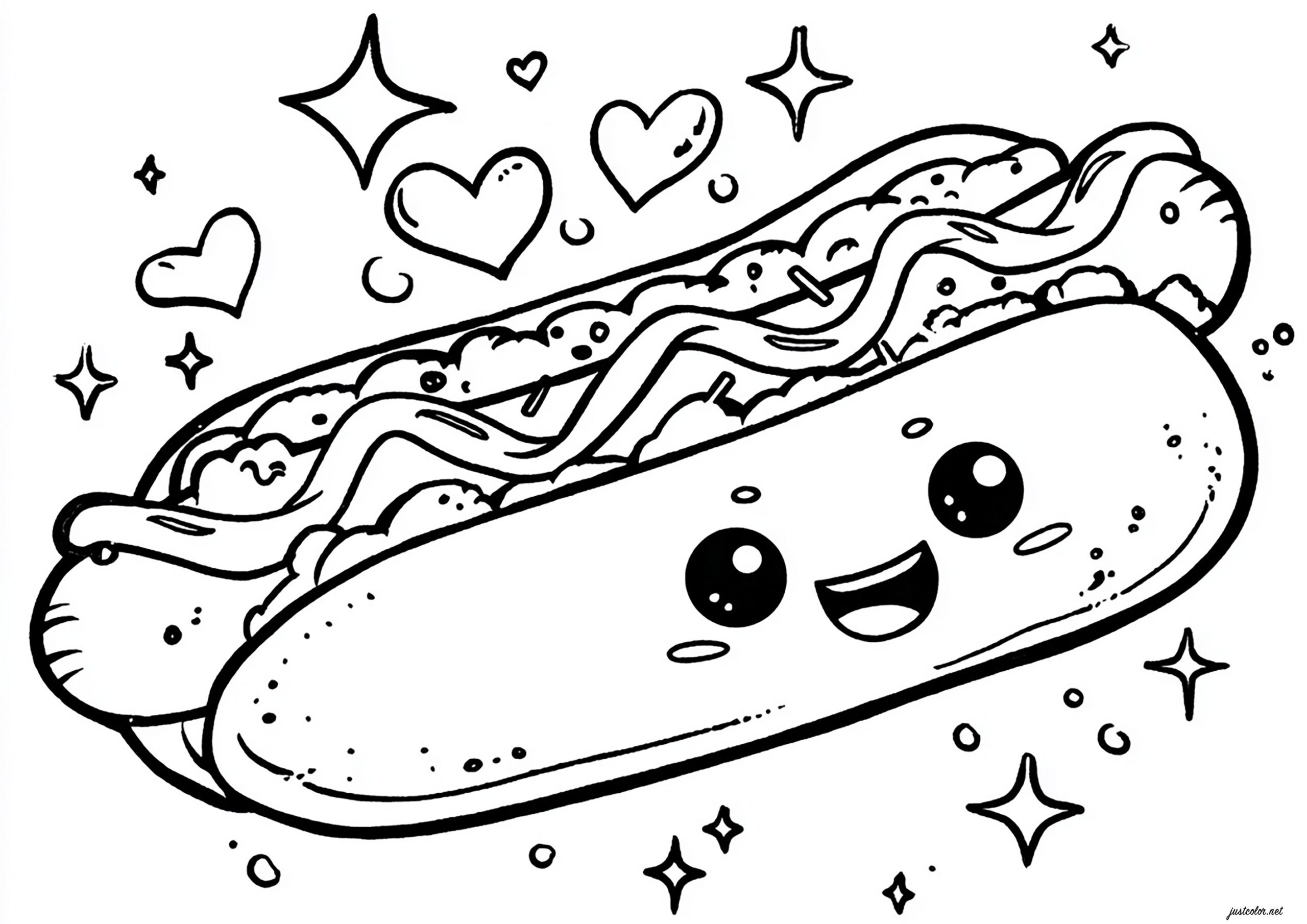 Hot Dog Kawaii Coloring Pages