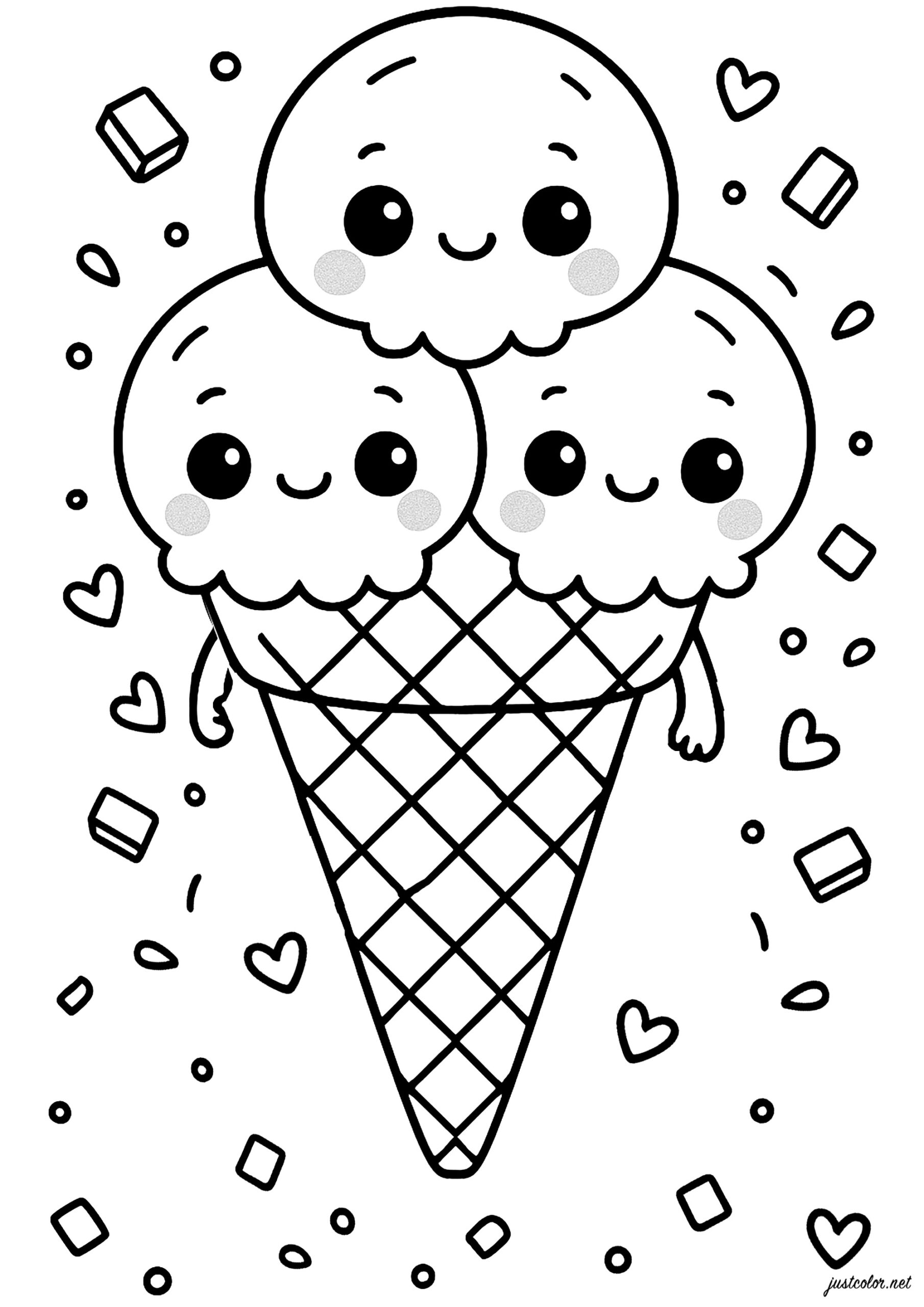 Ice Cream With Three Scoops Kawaii Coloring Pages