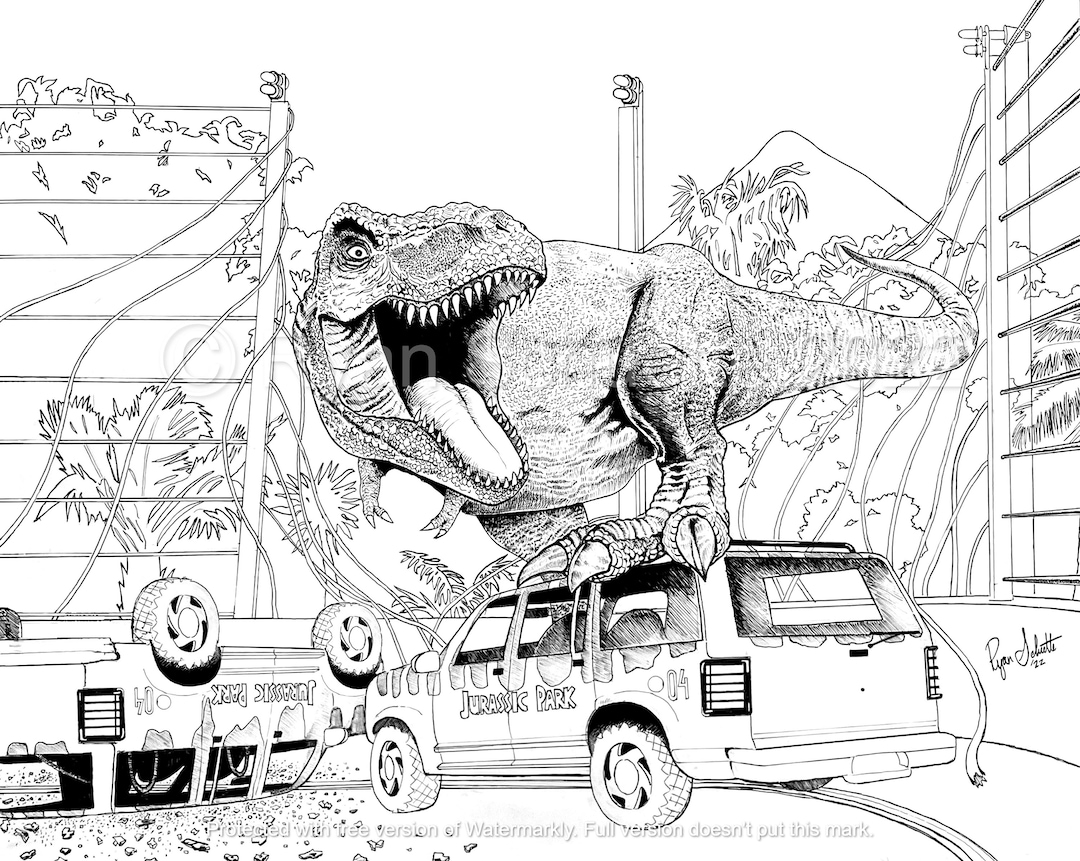 Jurassic Park T rex Ryan Schuette Jurassic World Coloring Printable Adult Coloring Page Instant Download Grayscale Illustration Etsy