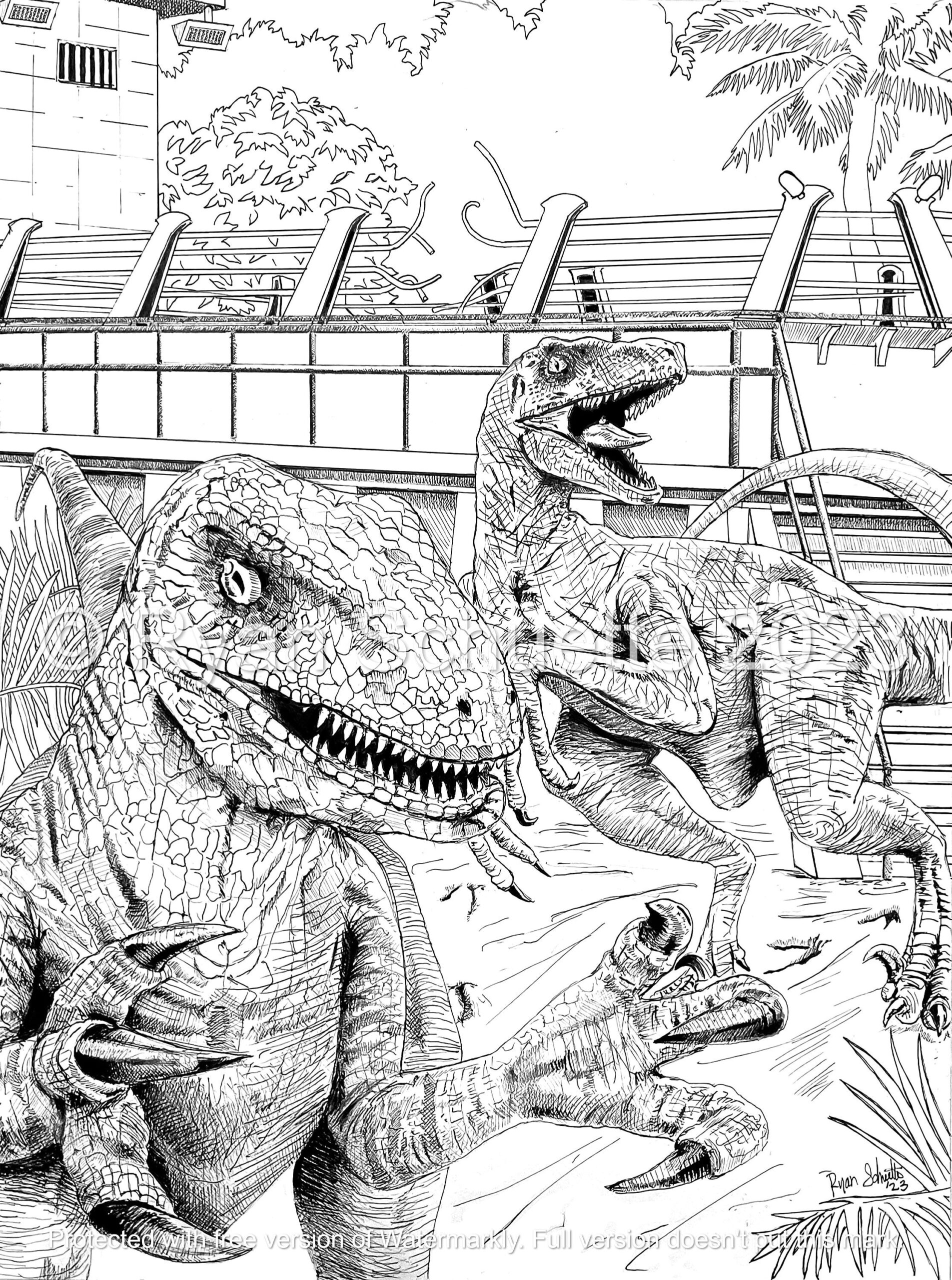 Jurassic Park Velociraptor Jurassic World Coloring Printable Adult Coloring Page Instant Download Grayscale Illustration Etsy Norway