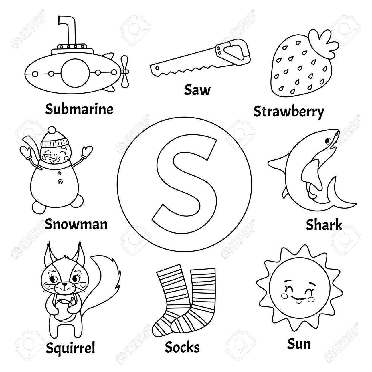 Learning Card Alphabet Letter S Set Of Cute Cartoon Illustrations Coloring Page Royalty Free SVG Cliparts Vectors And Stock Illustration Image 126973631 Learning Card Alphabet Letter S Set Of Cute Cartoon Illustrations Coloring Page Royalty Free SVG Cliparts Vectors And Stock Illustration Image 126973631