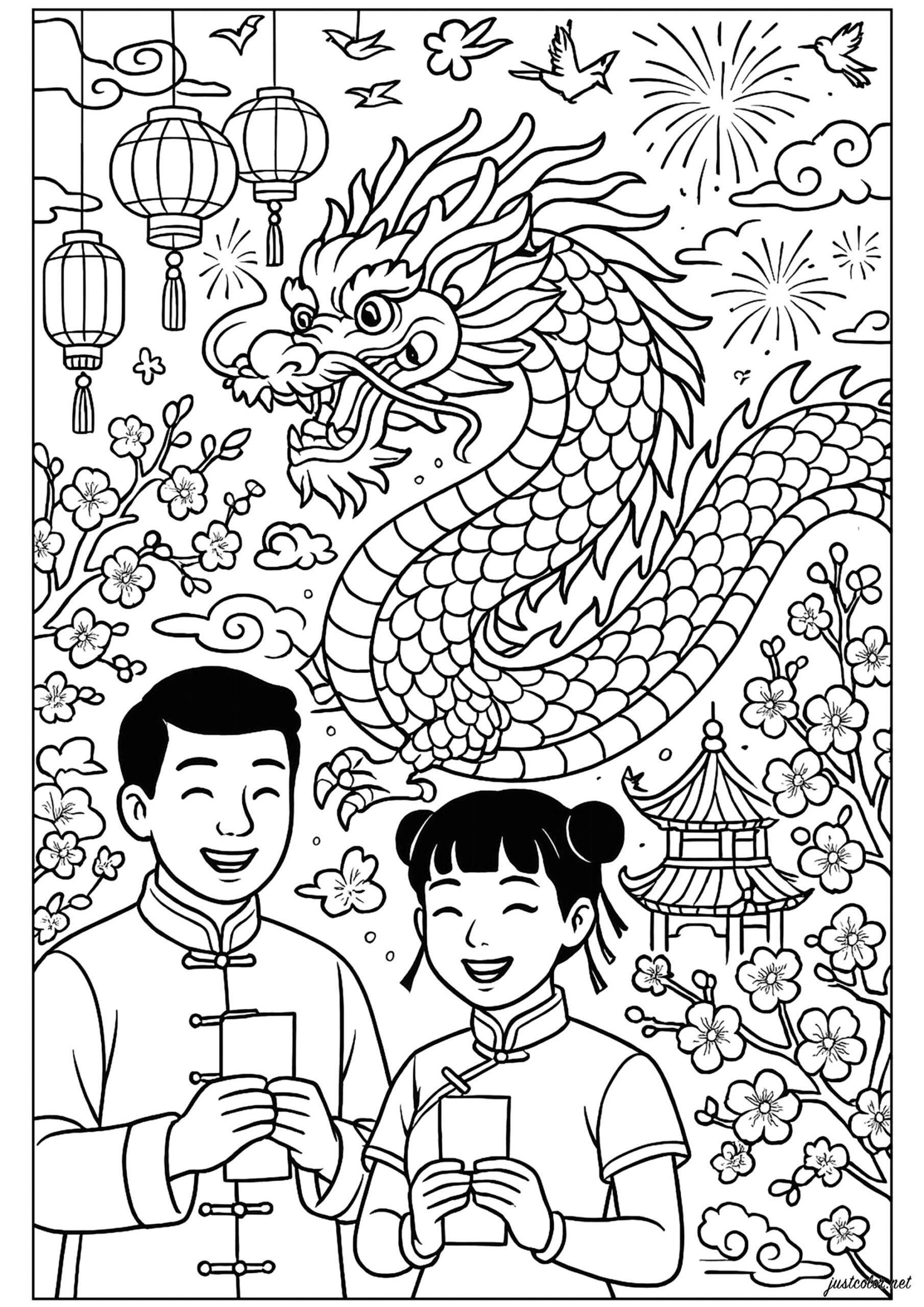 Majestic Chinese New Year Dragon Chinese New Year Coloring Pages For Adults