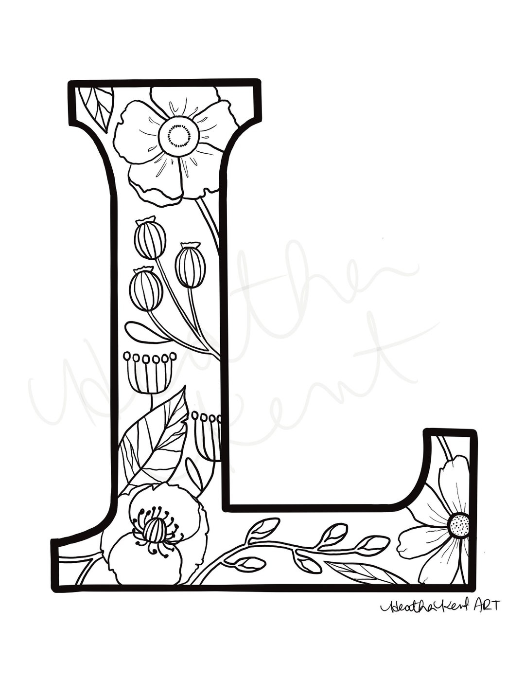 Monogram Coloring Sheet Letter L With Vintage Florals Coloring Page Print Your Own Etsy