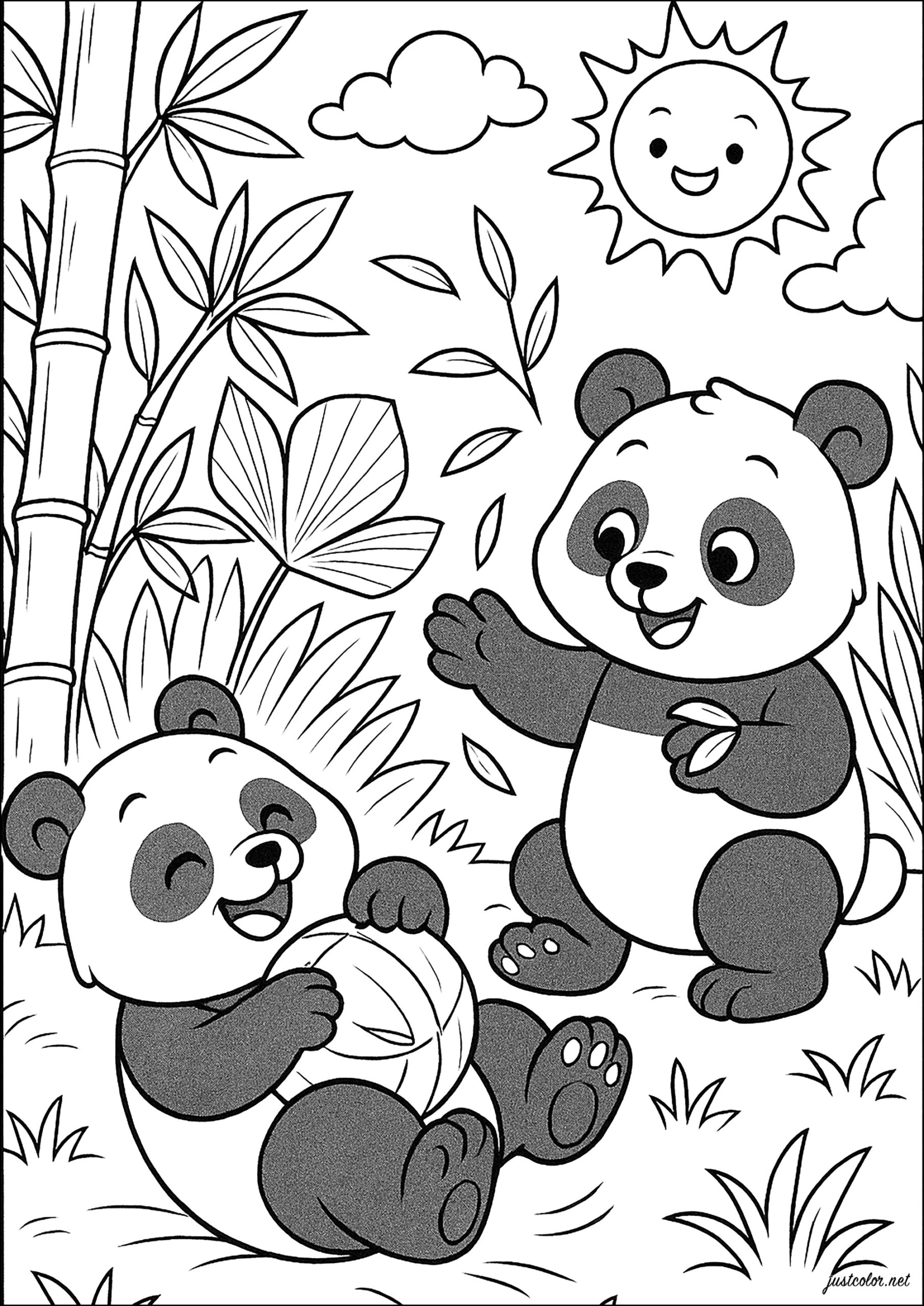 Playful Pandas In Bright Sunshine Panda Coloring Pages
