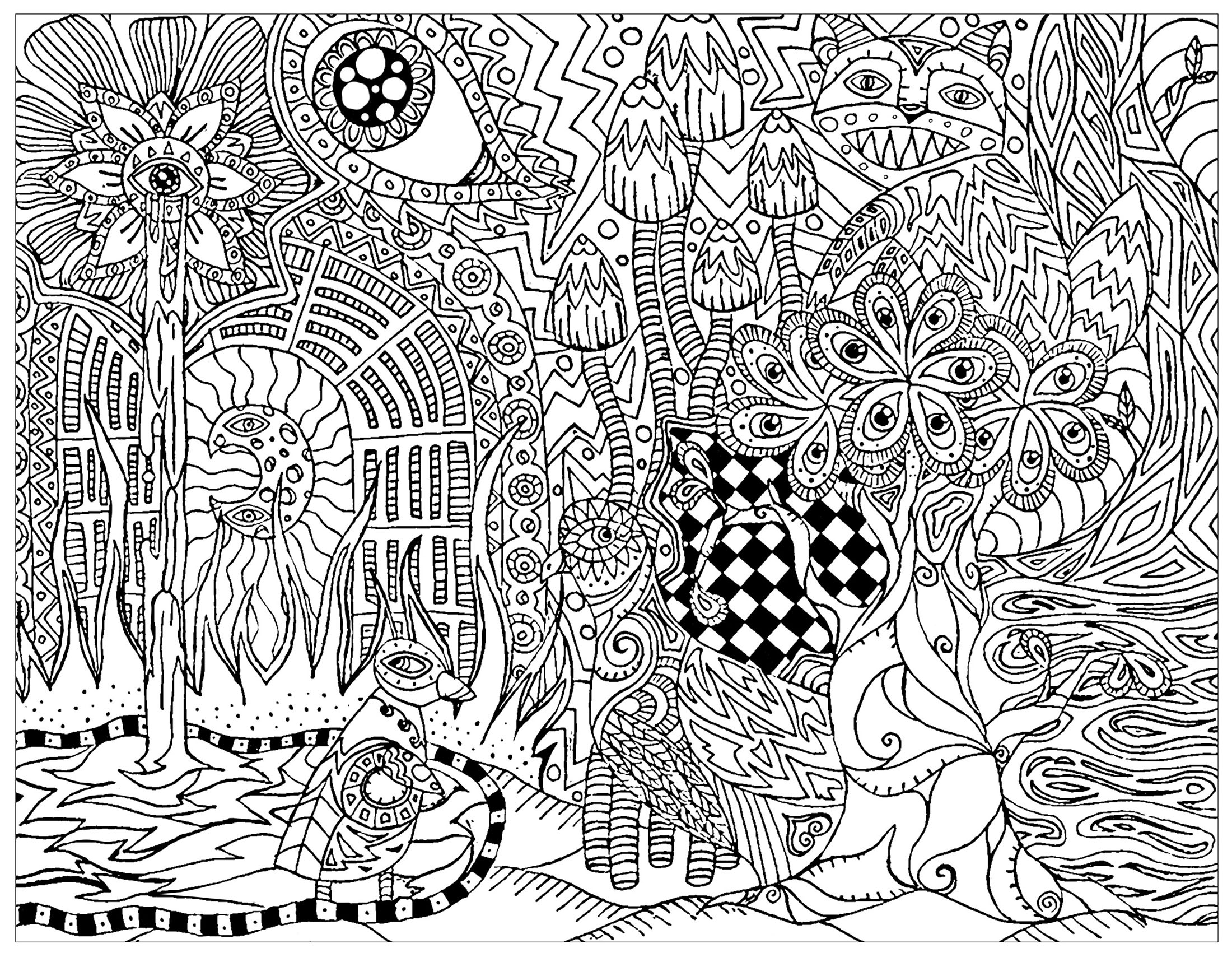Psychedelic Forest With Hidden Cat Psychedelic Coloring Pages