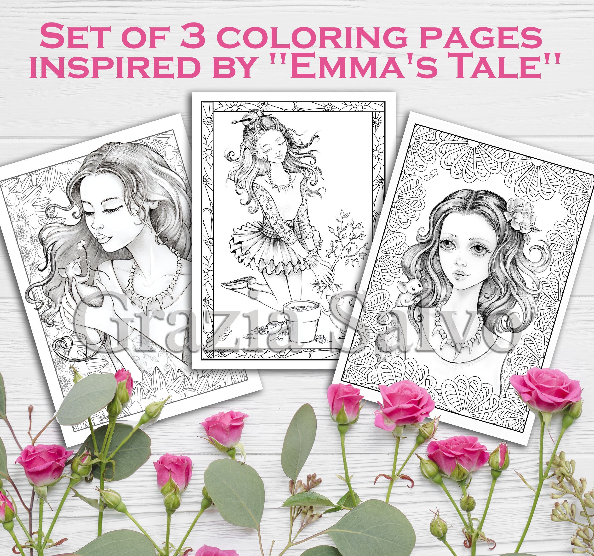 Set Of 3 Printable Coloring Pages Inspired By Emma s Tale Coloring Book By Grazia Salvo Etsy