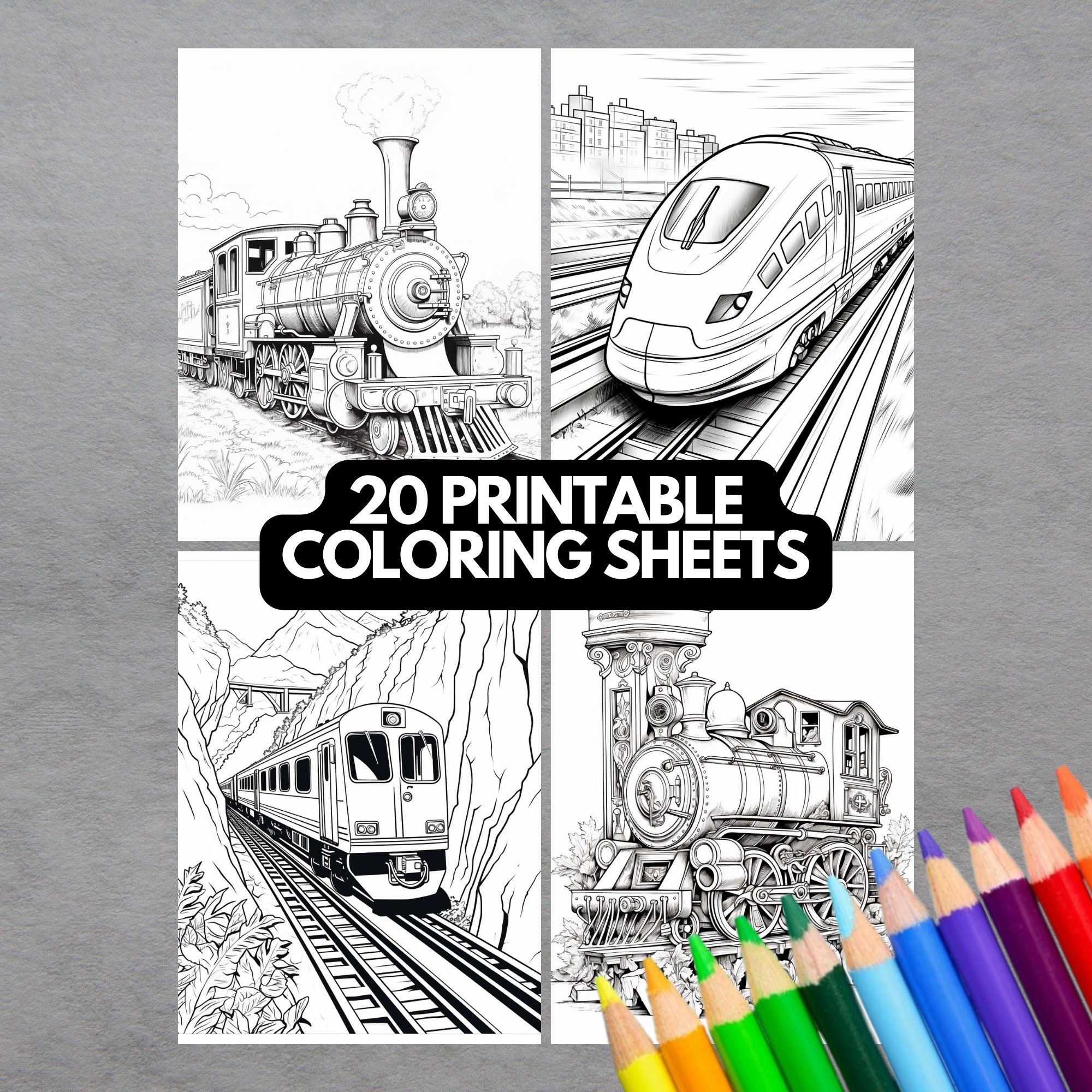 Train Coloring Pages Kids And Adult Coloring Book Fantasy Grayscale Coloring Page Instant Download Printable PDF File Kindergarten Etsy