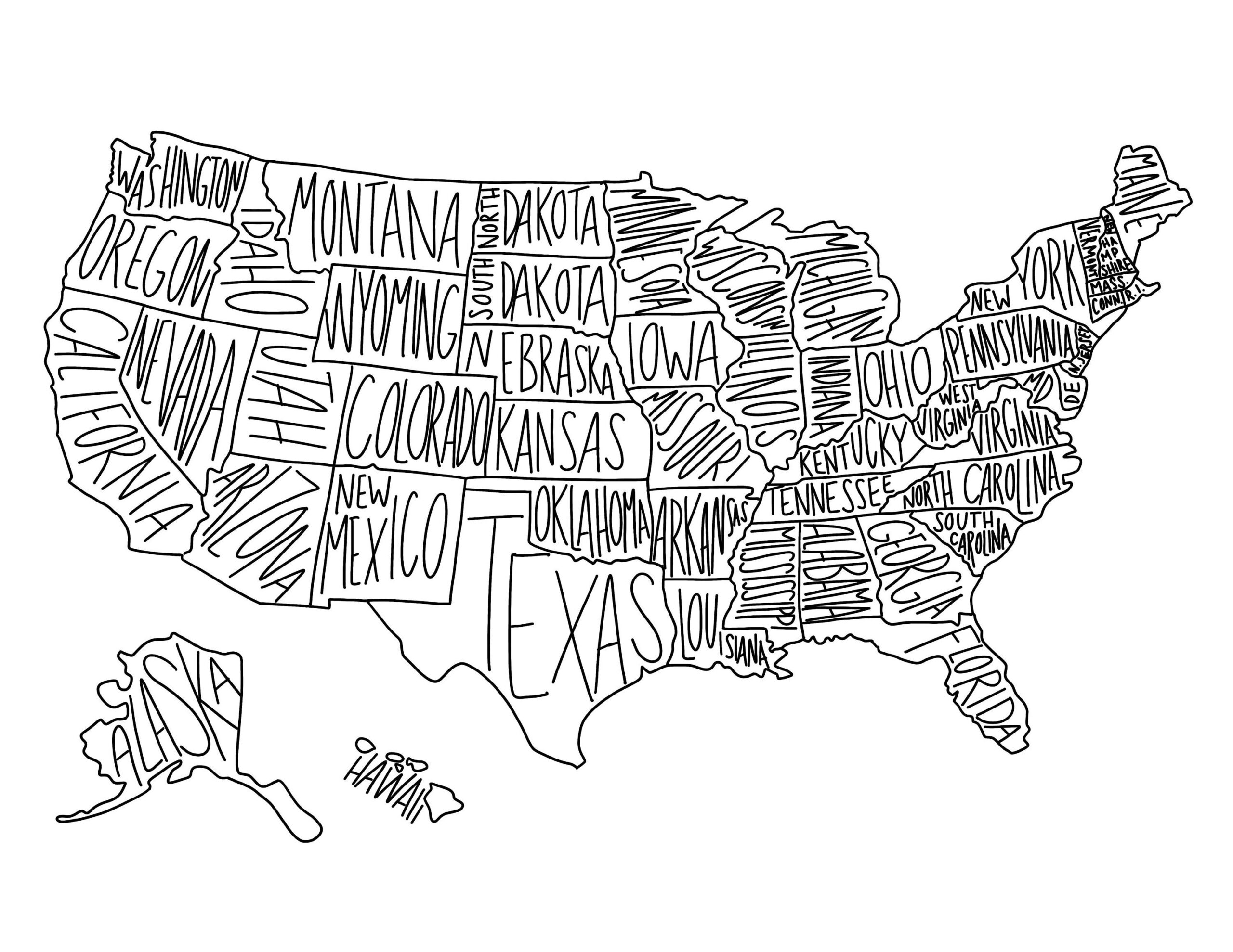 USA State Map Coloring Page United States Geography digital Download Etsy