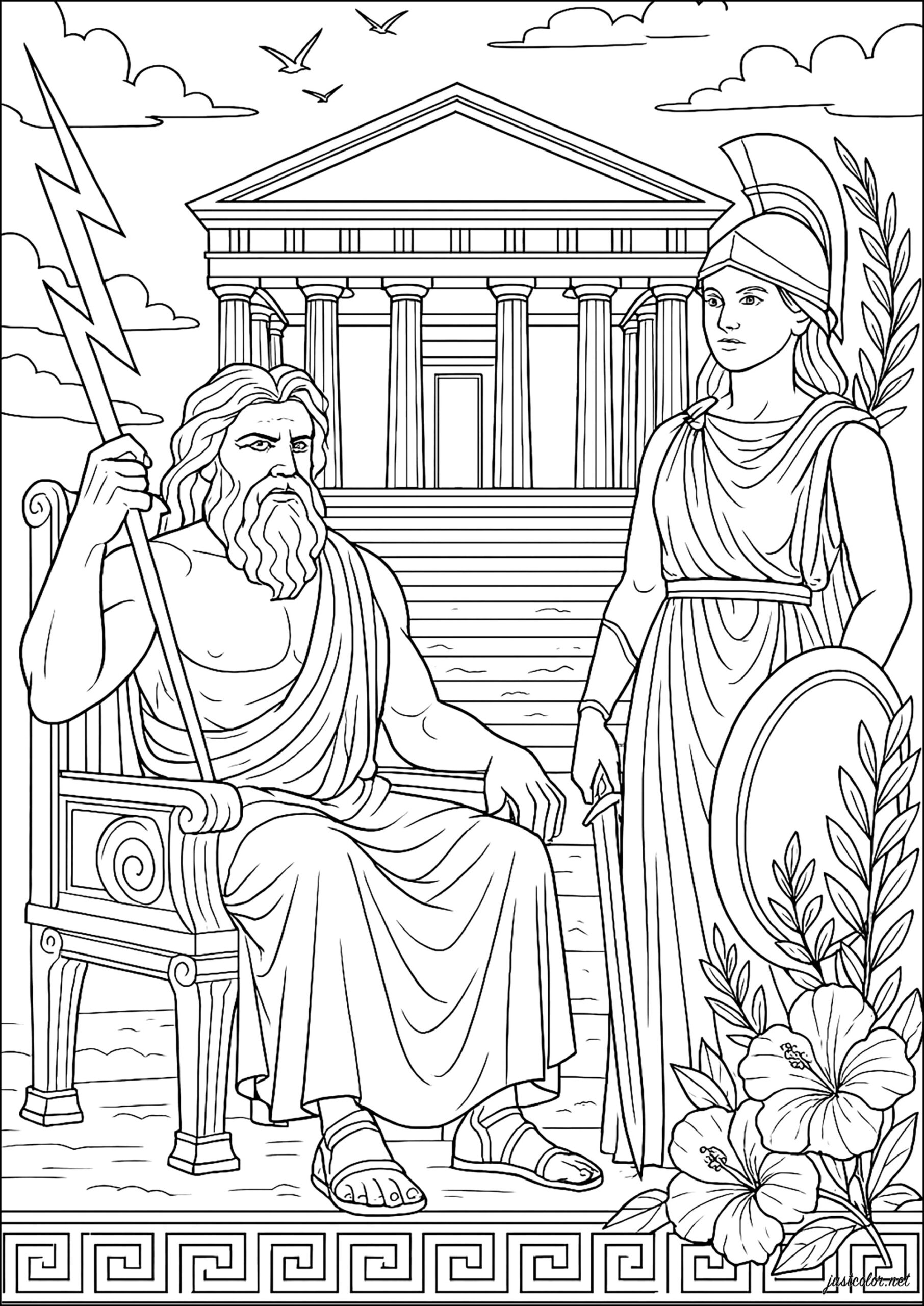 Zeus And Athena In Front Of The Greek Temple Ancient Greece Greek Mythology Coloring Pages